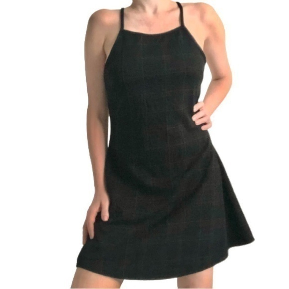 BRANDY MELVILLE BLACK GREEN YELLOW PLAID SLEEVELESS A-LINE DRESS
